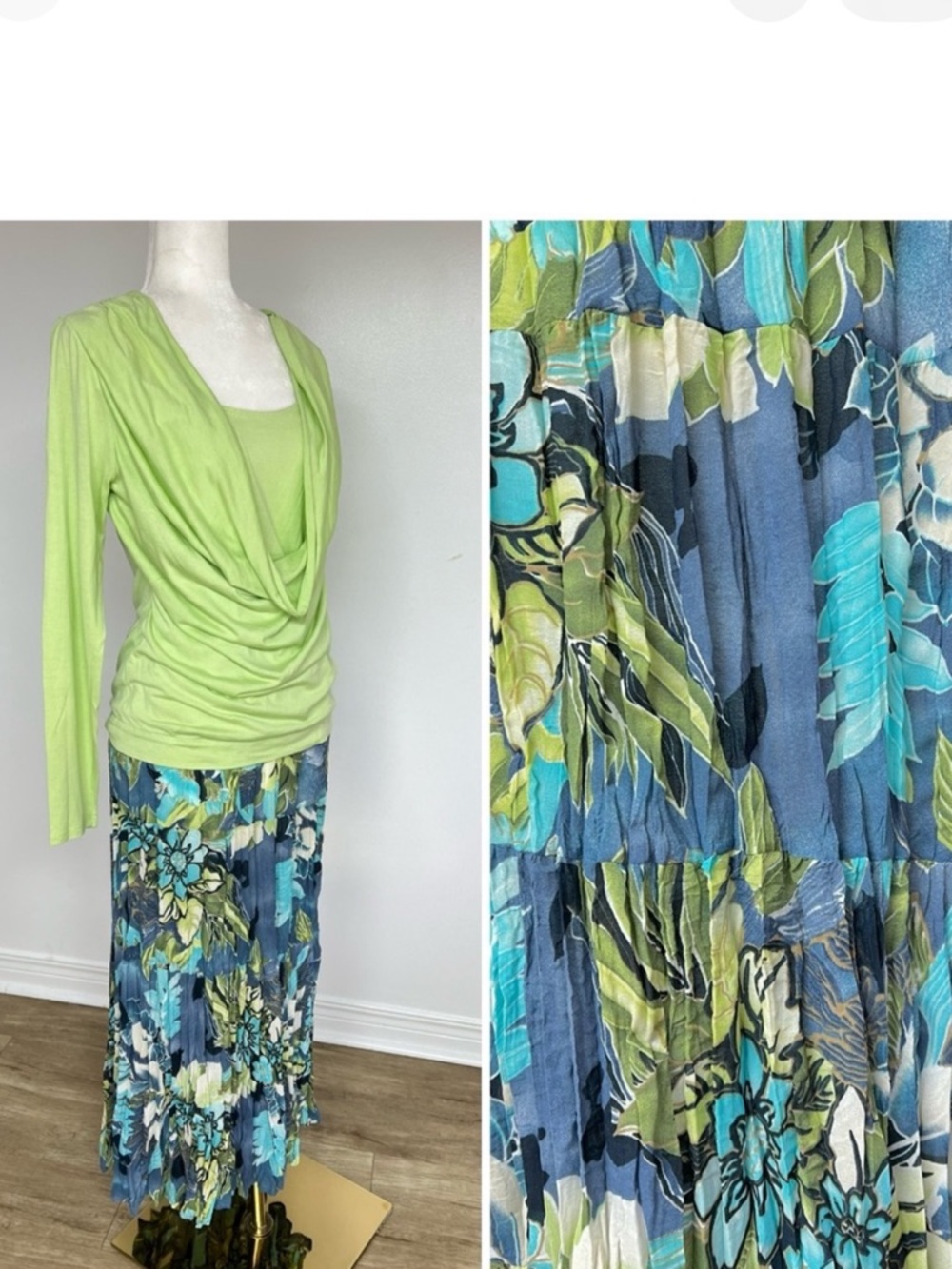 ⭐️Host Pick⭐️Set of 2: Silk-mix draped top w/matching long tiered flowered skirt